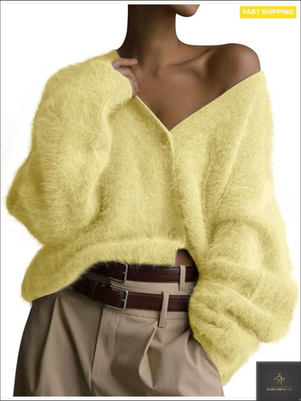 V Neck Cardigan Sweater Long Sleeve Button Down Furry Drop Shoulder Knit